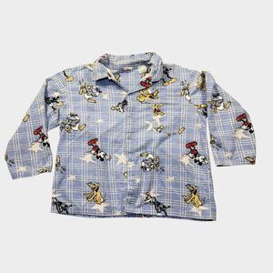 Vintage Disney Mickey Mouse & Friends Pajama Top Large L Blue Flannel AOP Plaid